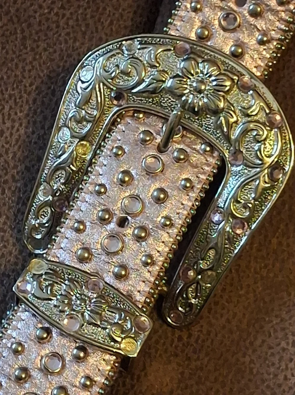 Studded Metallic Rosegold Pink Western Belt with Ornate Buckle 29 To 33 Inches